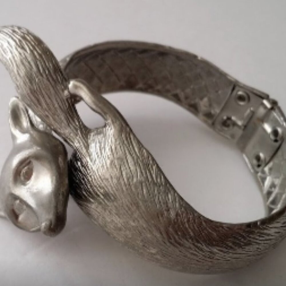 Vintage Castlecliff Silver Plated Fox Clamper Cuff Bracelet Vintage Hinged Fox - Picture 6 of 7